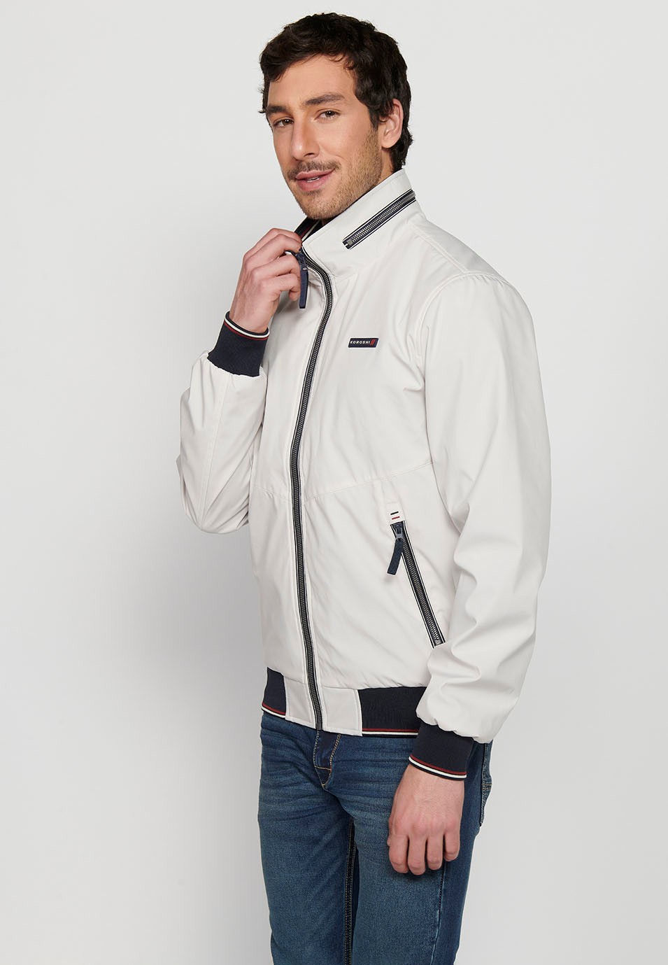 Long-sleeved high-neck jacket with front zipper closure and ribbed finishes with pockets, one inside in Gray for Men