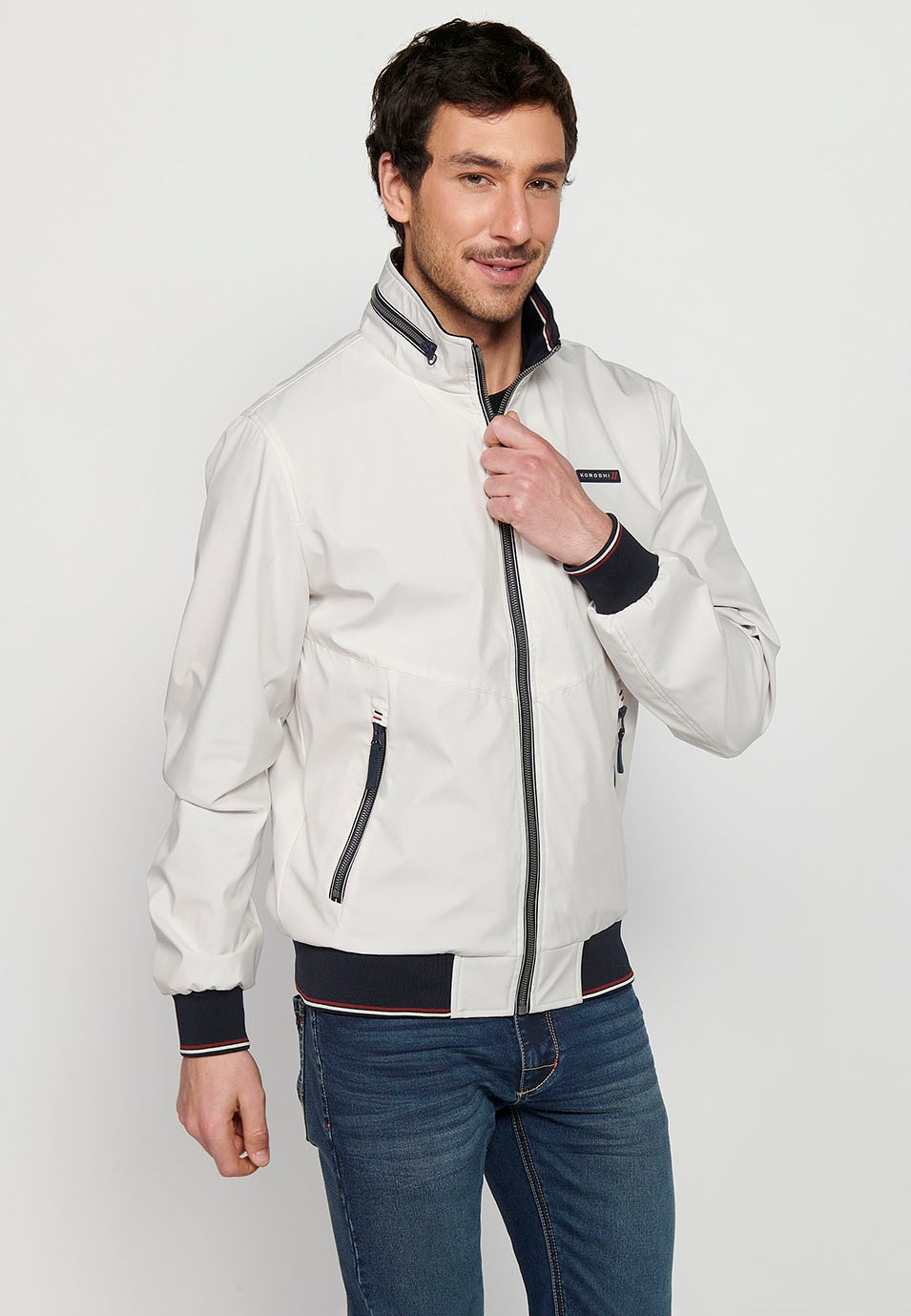 Long-sleeved high-neck jacket with front zipper closure and ribbed finishes with pockets, one inside in Gray for Men