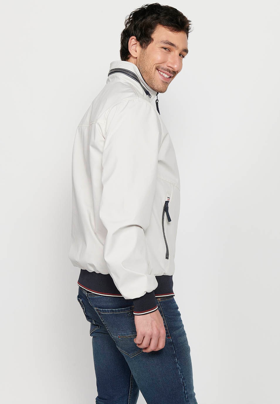 Long-sleeved high-neck jacket with front zipper closure and ribbed finishes with pockets, one inside in Gray for Men