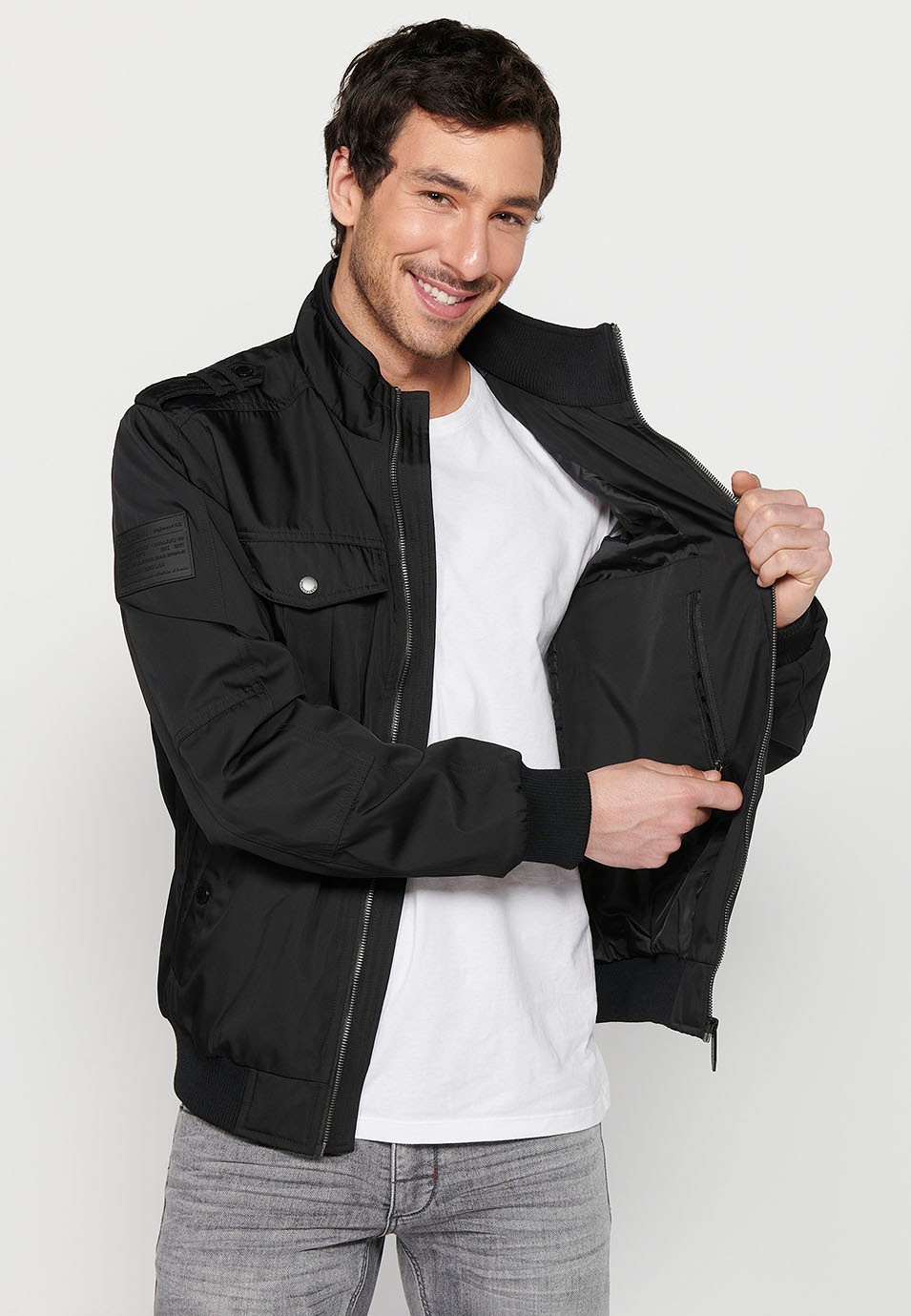 Black Long Sleeve Jacket with Round Neck and Front Zipper Closure with Flap Pockets for Men 9