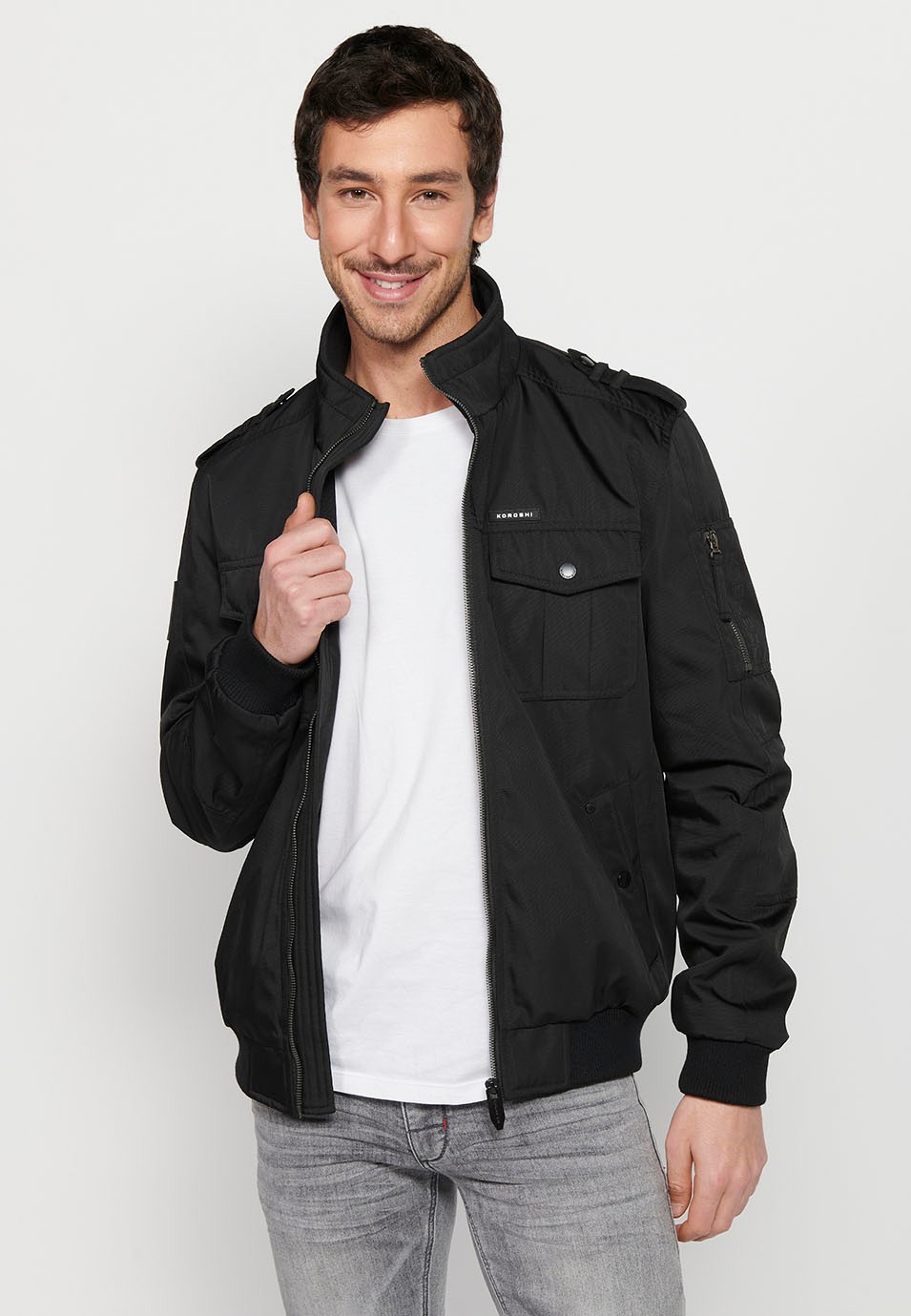 Black Long Sleeve Jacket with Round Neck and Front Zipper Closure with Flap Pockets for Men 8