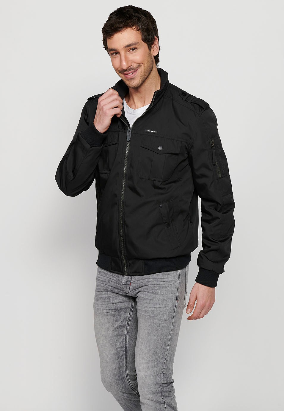 Black Long Sleeve Jacket with Round Neck and Front Zipper Closure with Flap Pockets for Men