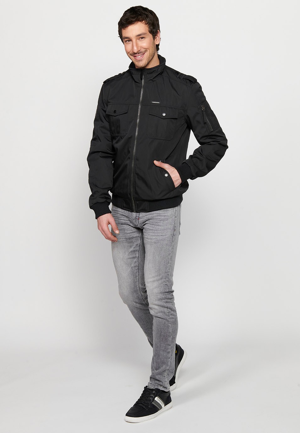 Black Long Sleeve Jacket with Round Neck and Front Zipper Closure with Flap Pockets for Men 3
