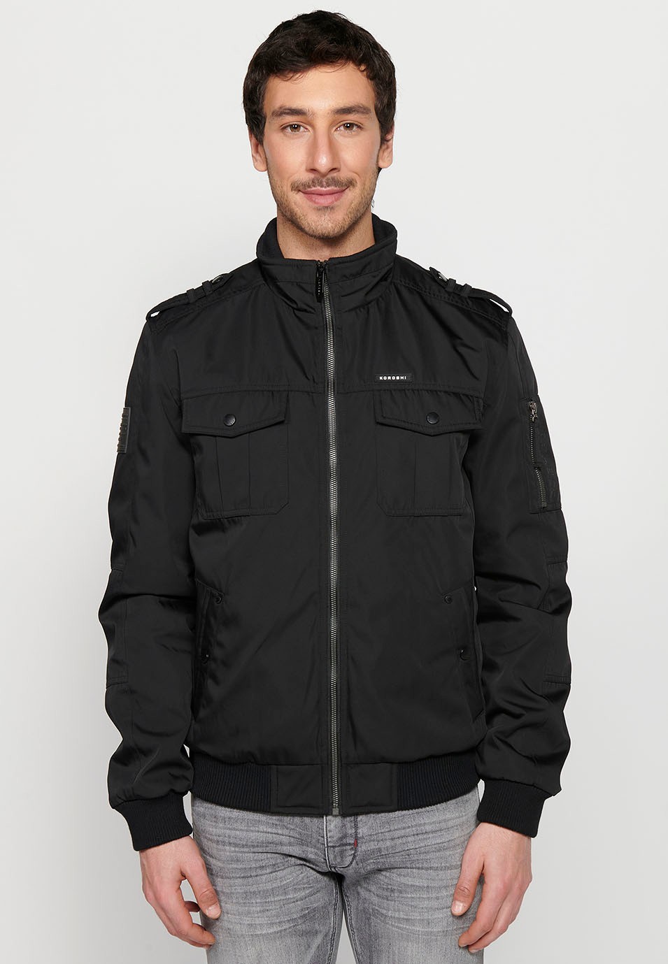 Black Long Sleeve Jacket with Round Neck and Front Zipper Closure with Flap Pockets for Men 4