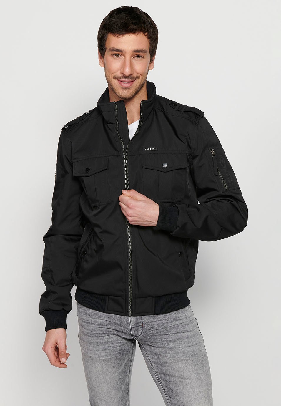 Black Long Sleeve Jacket with Round Neck and Front Zipper Closure with Flap Pockets for Men 6