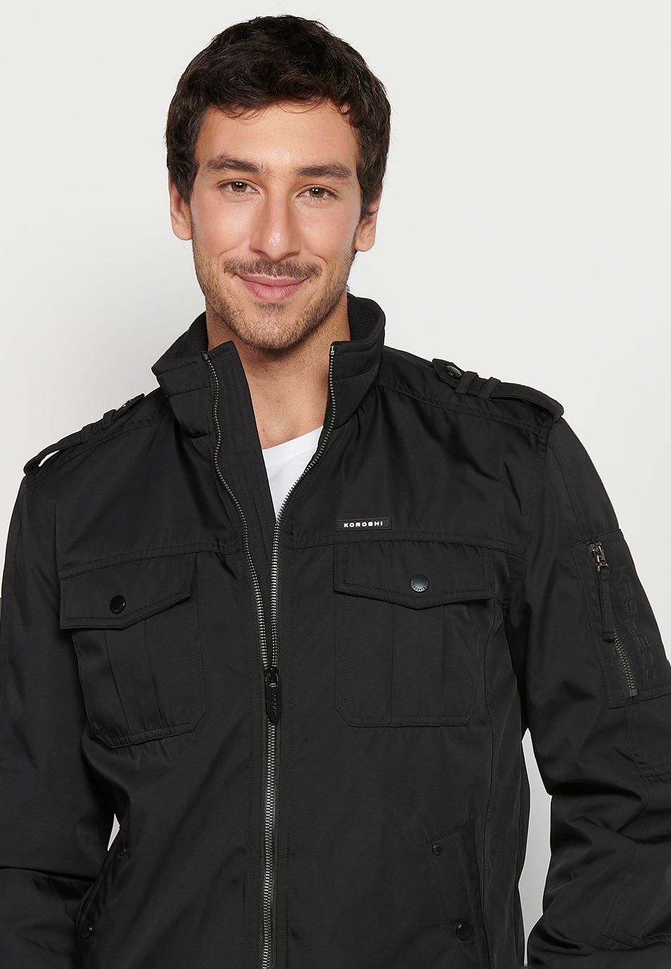 Black Long Sleeve Jacket with Round Neck and Front Zipper Closure with Flap Pockets for Men 10