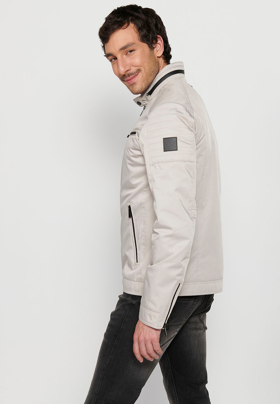 Beige Long-sleeved Jacket with Round Neck and Front Zipper Closure for Men 10