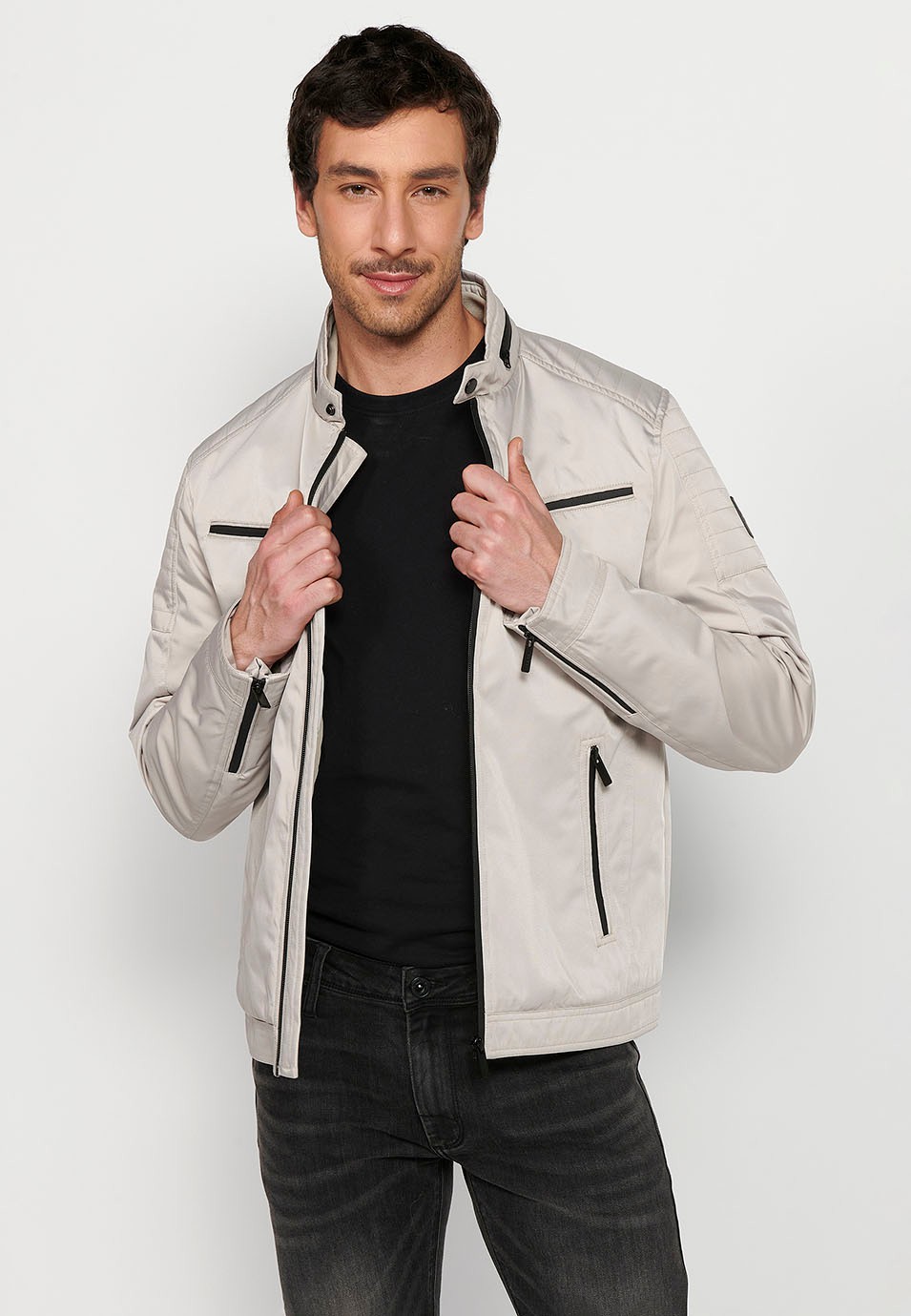 Beige Long-sleeved Jacket with Round Neck and Front Zipper Closure for Men 9