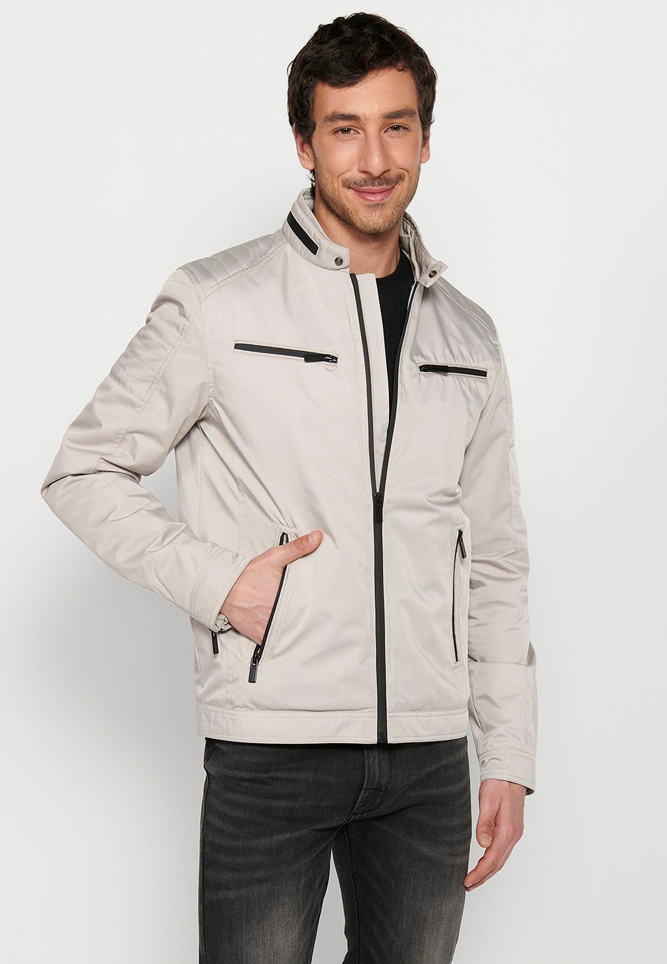 Beige Long-sleeved Jacket with Round Neck and Front Zipper Closure for Men