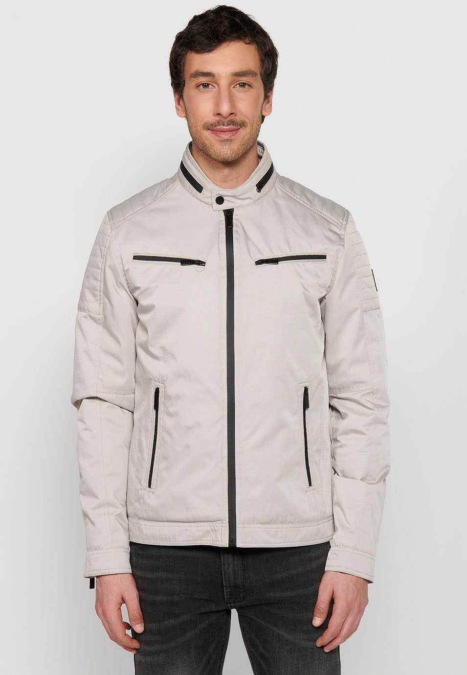 Beige Long-sleeved Jacket with Round Neck and Front Zipper Closure for Men 3