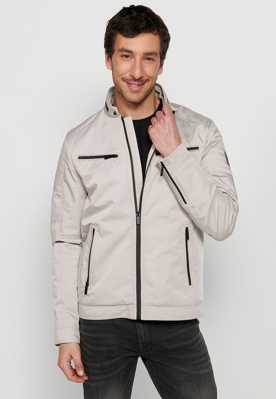 Beige Long-sleeved Jacket with Round Neck and Front Zipper Closure for Men 1