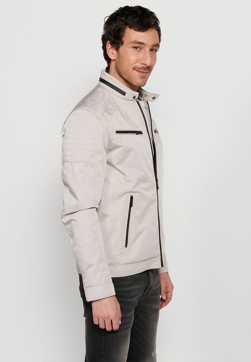Beige Long-sleeved Jacket with Round Neck and Front Zipper Closure for Men 7