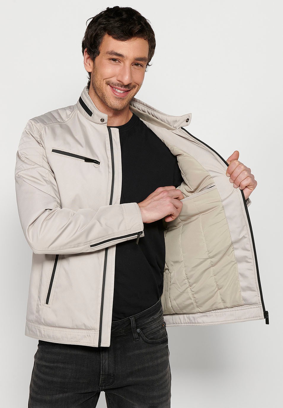 Beige Long-sleeved Jacket with Round Neck and Front Zipper Closure for Men 8