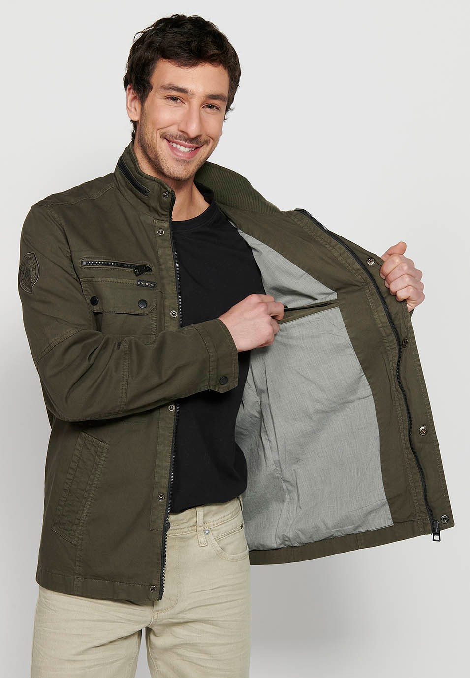 Long Jacket with Zipper Front Closure and Lapel with Stand Collar and Flap Pockets in Olive Color for Men 9