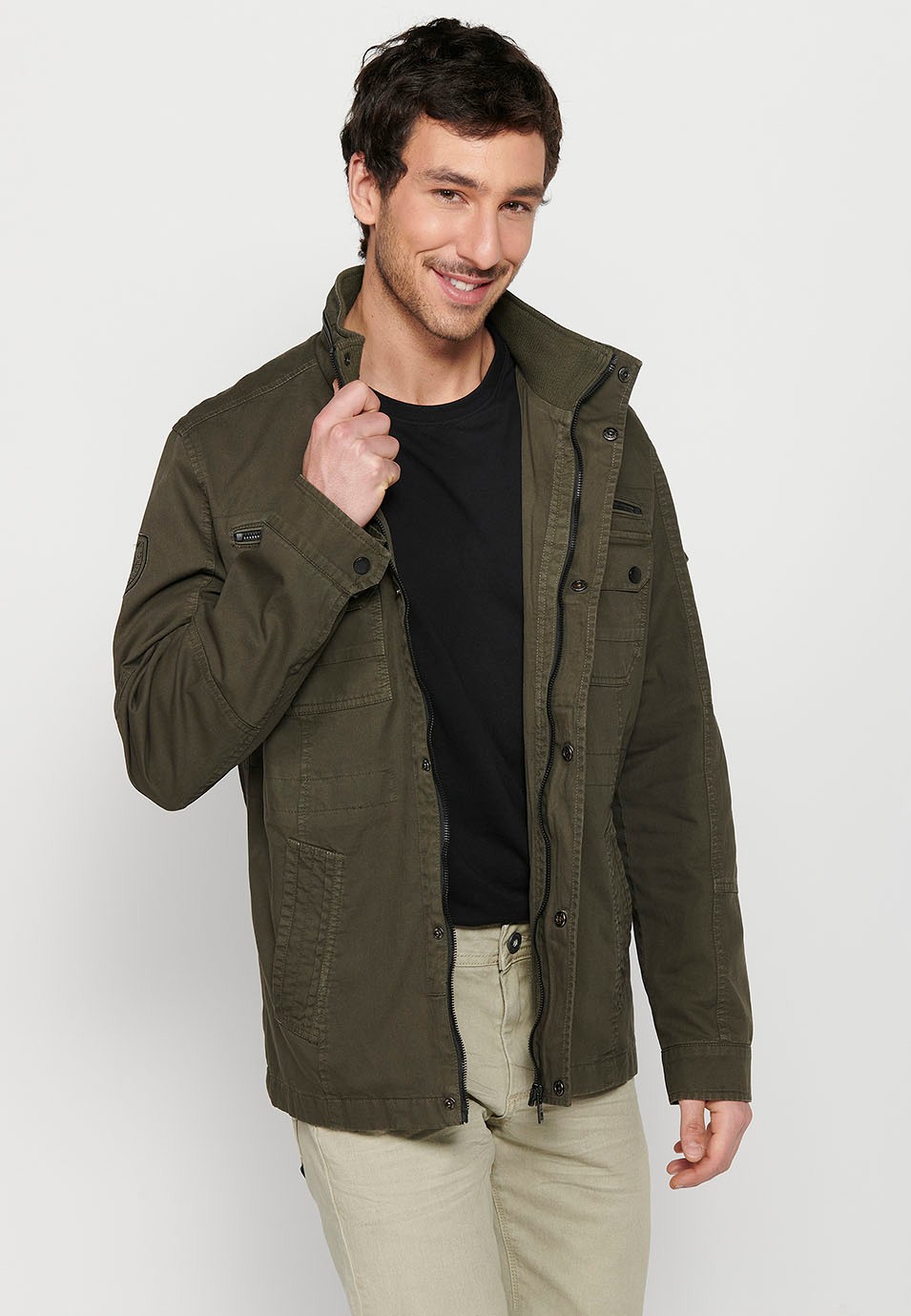 Long Jacket with Zipper Front Closure and Lapel with Stand Collar and Flap Pockets in Olive Color for Men 7