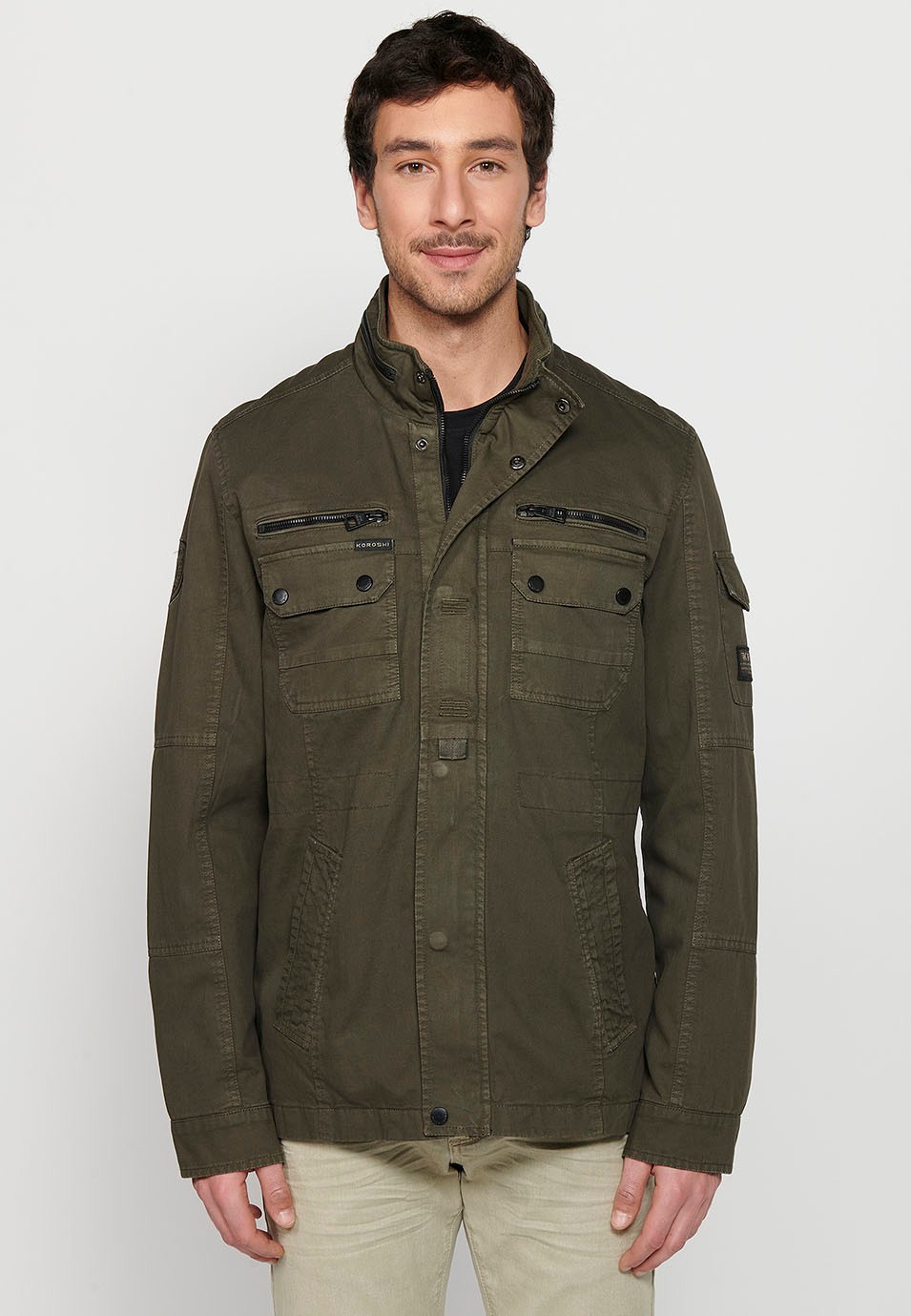 Long Jacket with Zipper Front Closure and Lapel with Stand Collar and Flap Pockets in Olive Color for Men