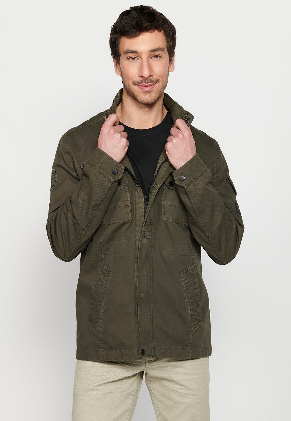 Long Jacket with Zipper Front Closure and Lapel with Stand Collar and Flap Pockets in Olive Color for Men 3