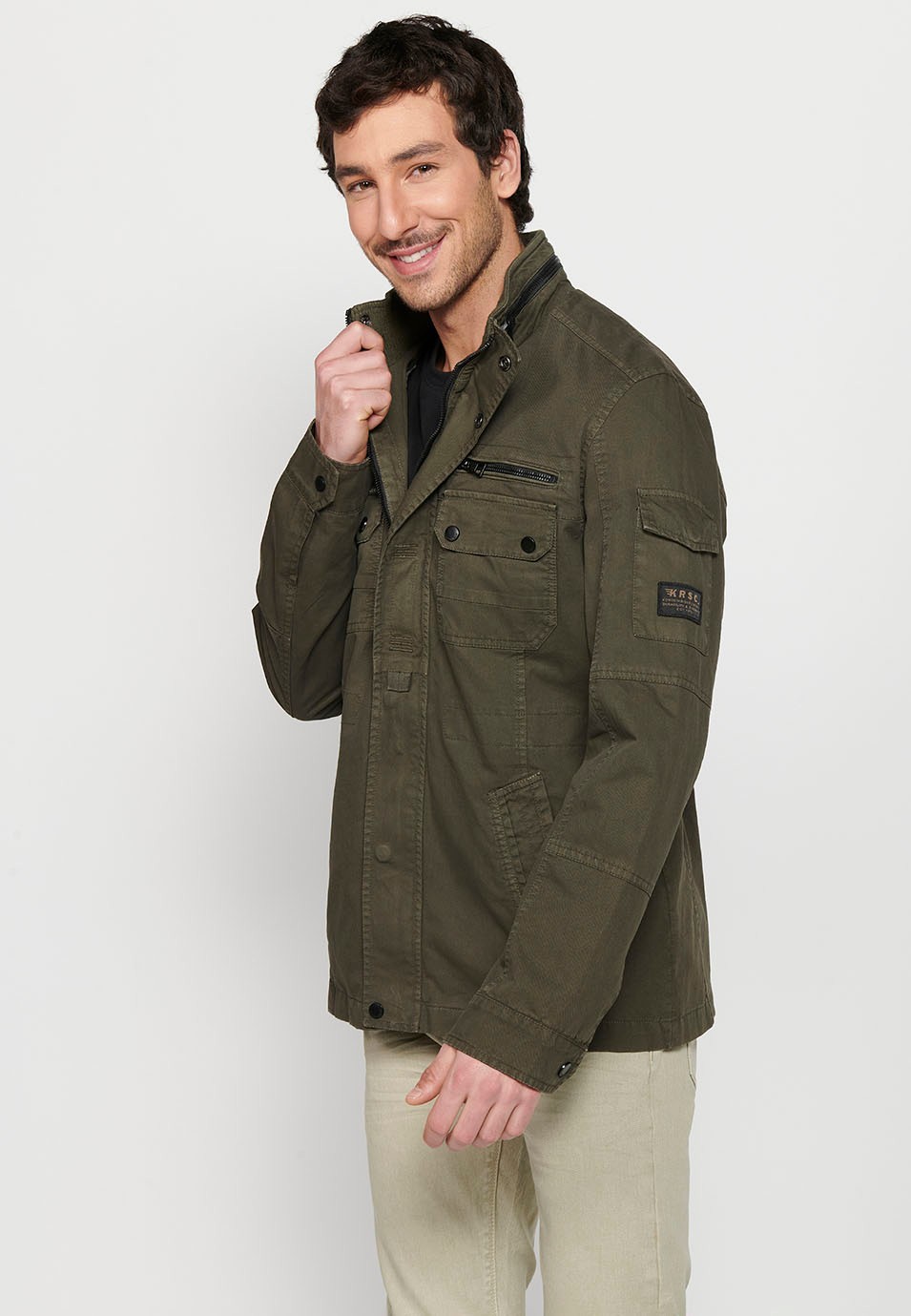 Long Jacket with Zipper Front Closure and Lapel with Stand Collar and Flap Pockets in Olive Color for Men 1