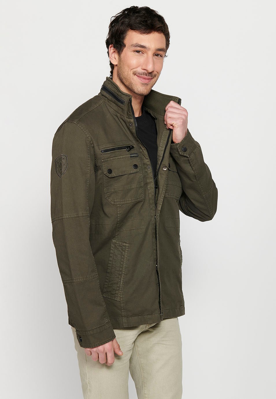 Long Jacket with Zipper Front Closure and Lapel with Stand Collar and Flap Pockets in Olive Color for Men 4