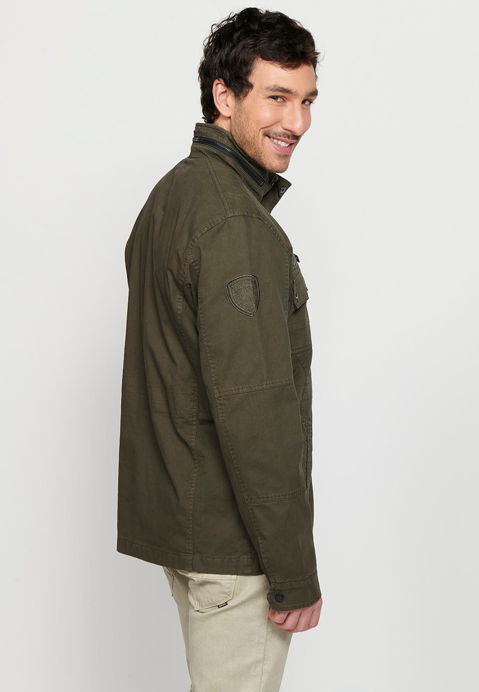Long Jacket with Zipper Front Closure and Lapel with Stand Collar and Flap Pockets in Olive Color for Men 5