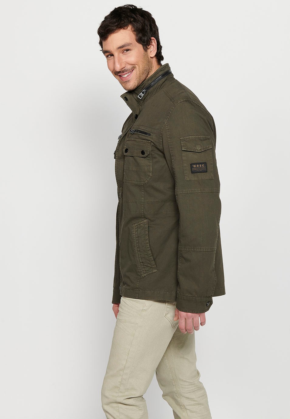 Long Jacket with Zipper Front Closure and Lapel with Stand Collar and Flap Pockets in Olive Color for Men 6