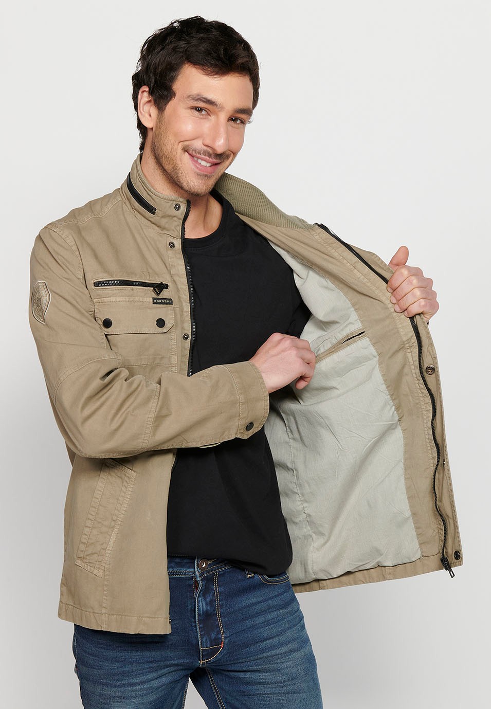 Long Jacket with Zipper Front Closure and Lapel with Stand Collar and Flap Pockets in Mink Color for Men 10