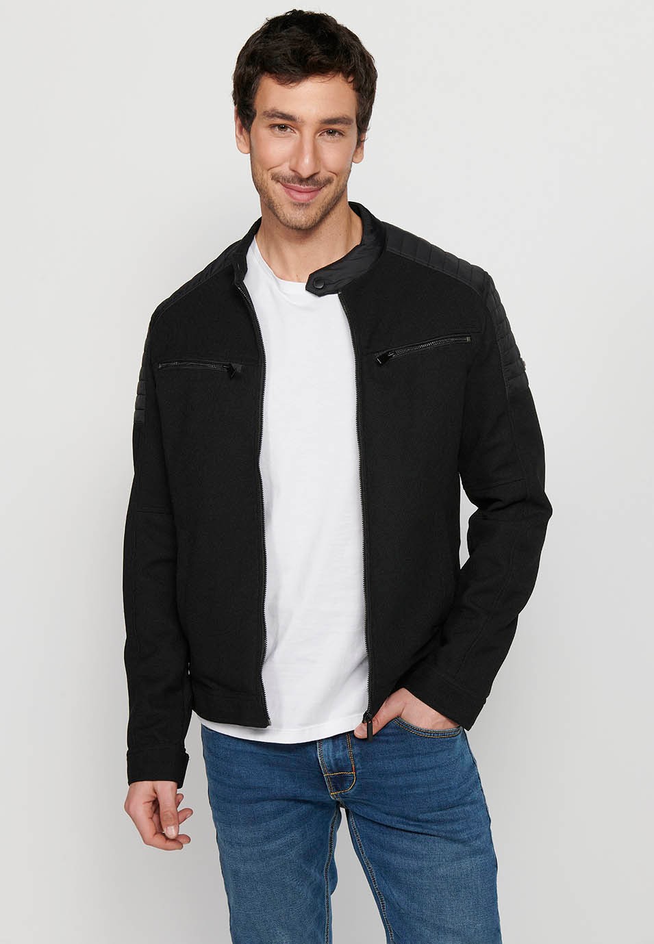 Black Cotton Round Neck Jacket with Front Zipper Closure for Men