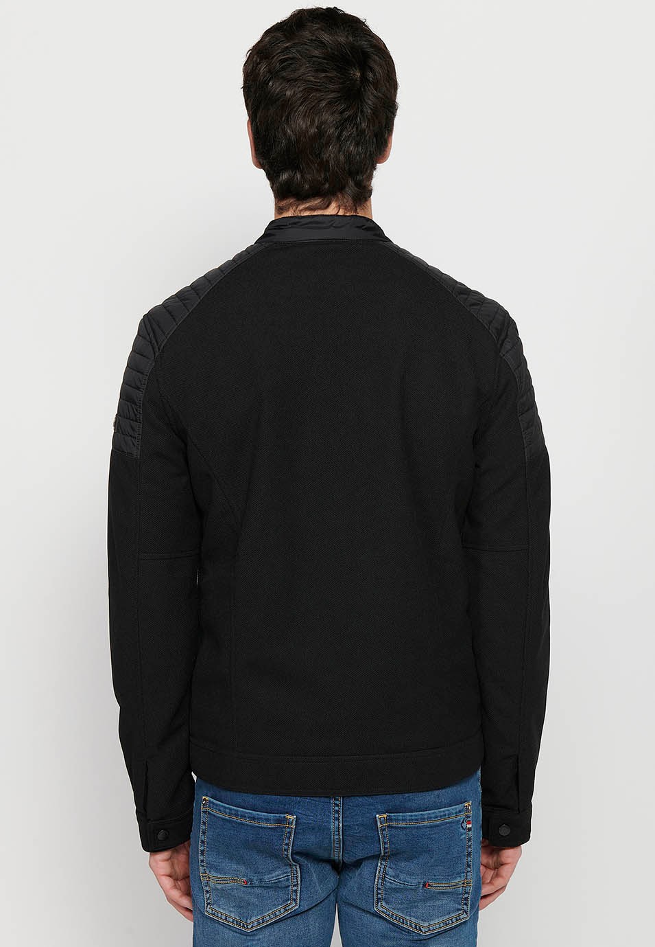 Black Cotton Round Neck Jacket with Front Zipper Closure for Men