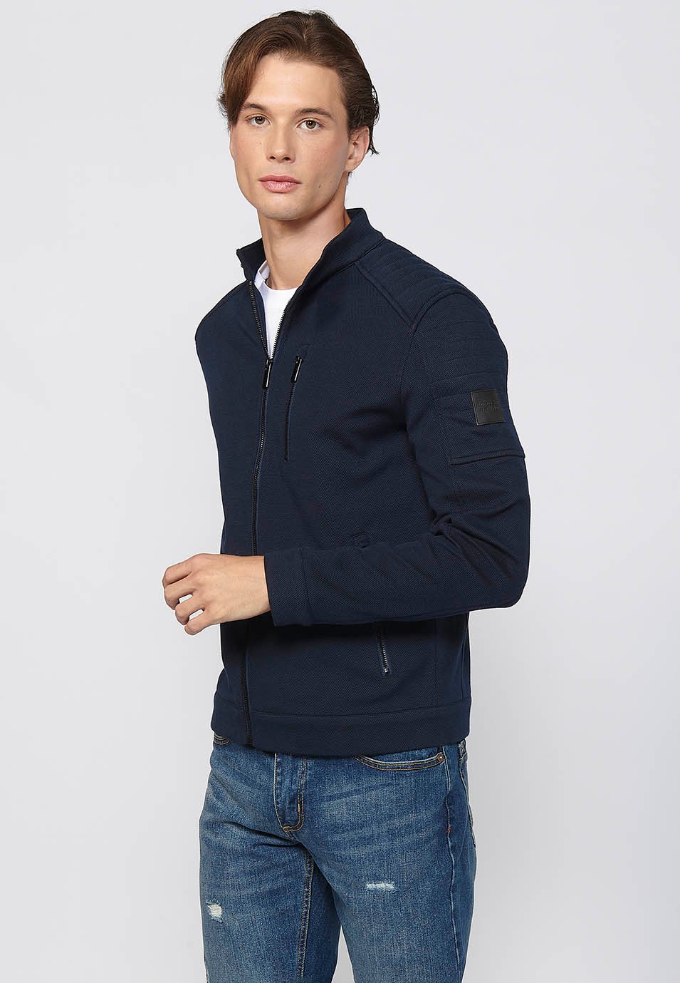 Navy Long Sleeve Jacket with Round Neck and Front Zipper Closure for Men