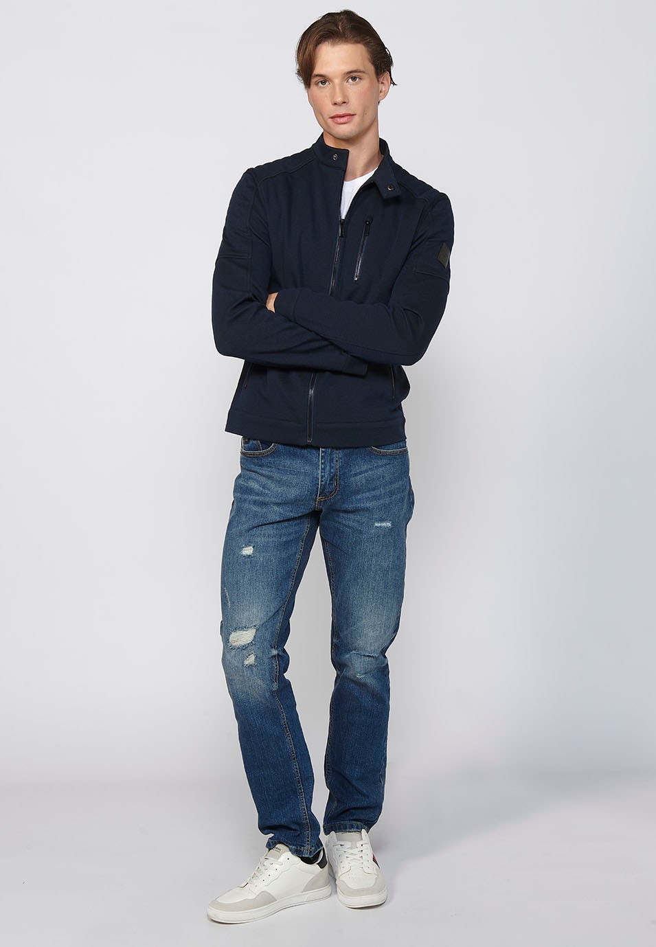 Navy Long Sleeve Jacket with Round Neck and Front Zipper Closure for Men