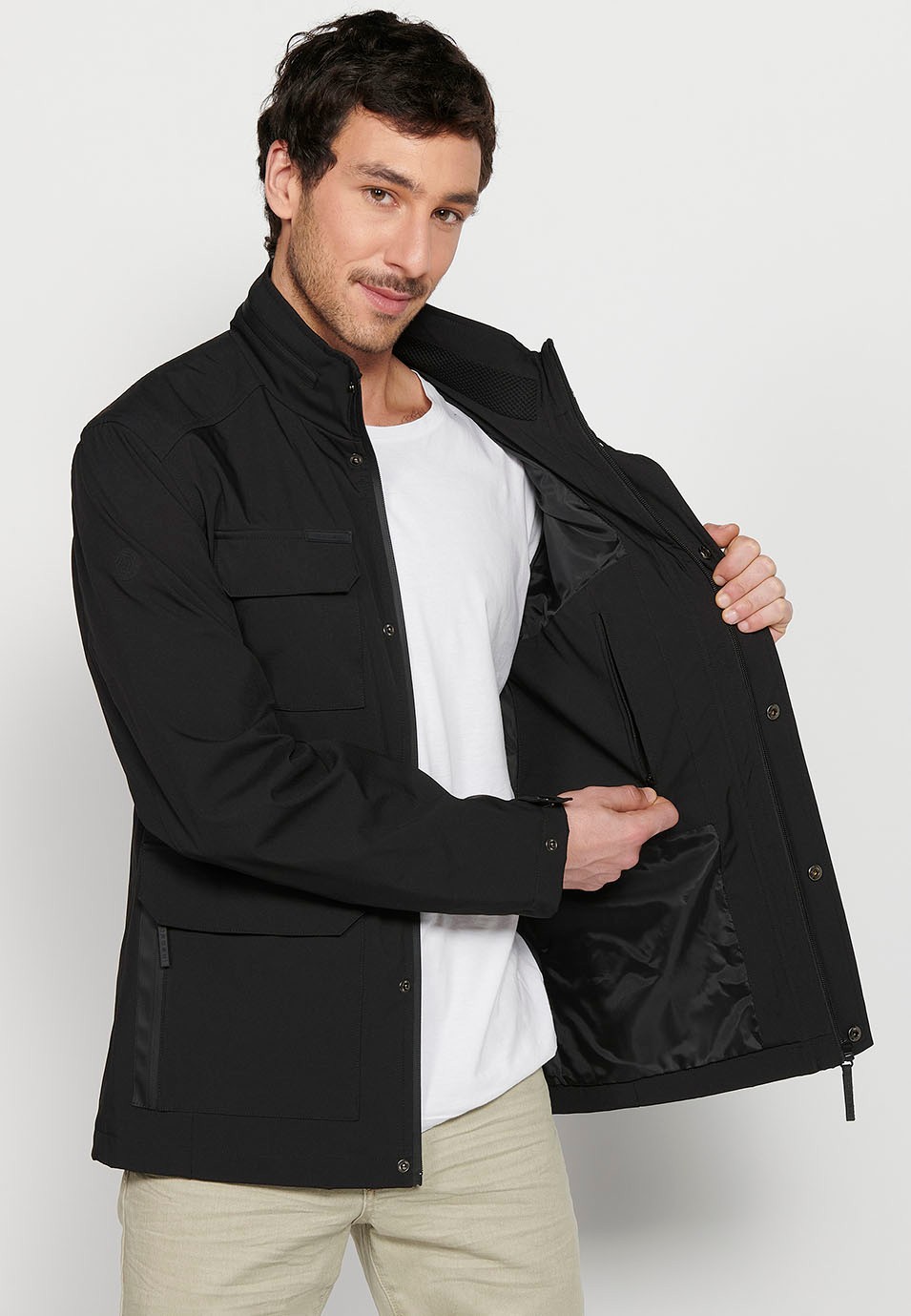 Long Black High Neck Windbreaker Jacket with Front Zipper Closure and Four Flap Pockets for Men 6