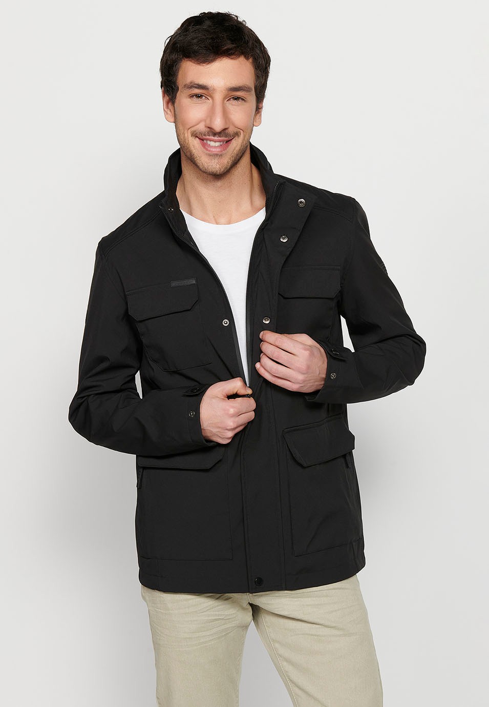 Long Black High Neck Windbreaker Jacket with Front Zipper Closure and Four Flap Pockets for Men 9