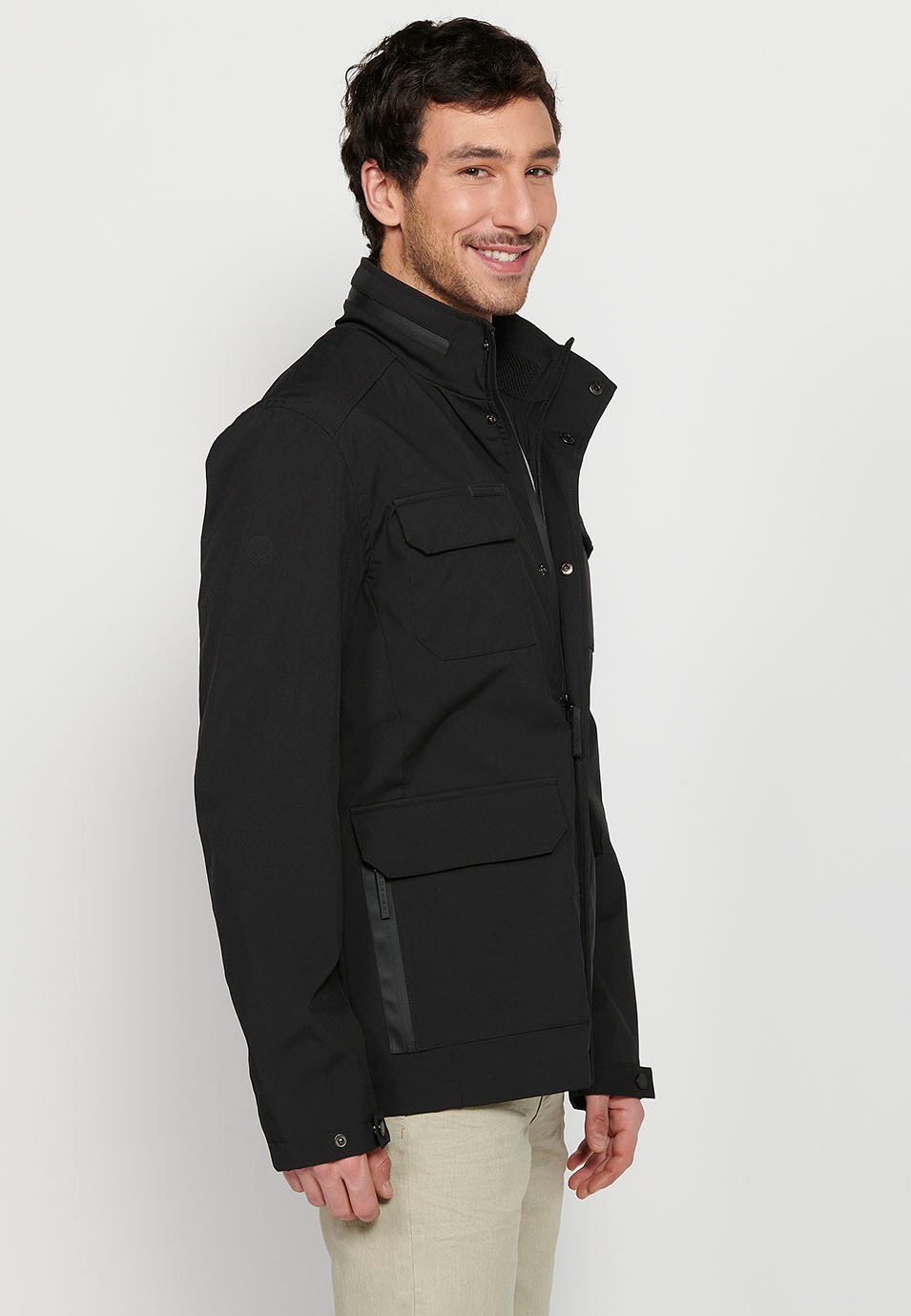 Long Black High Neck Windbreaker Jacket with Front Zipper Closure and Four Flap Pockets for Men 3