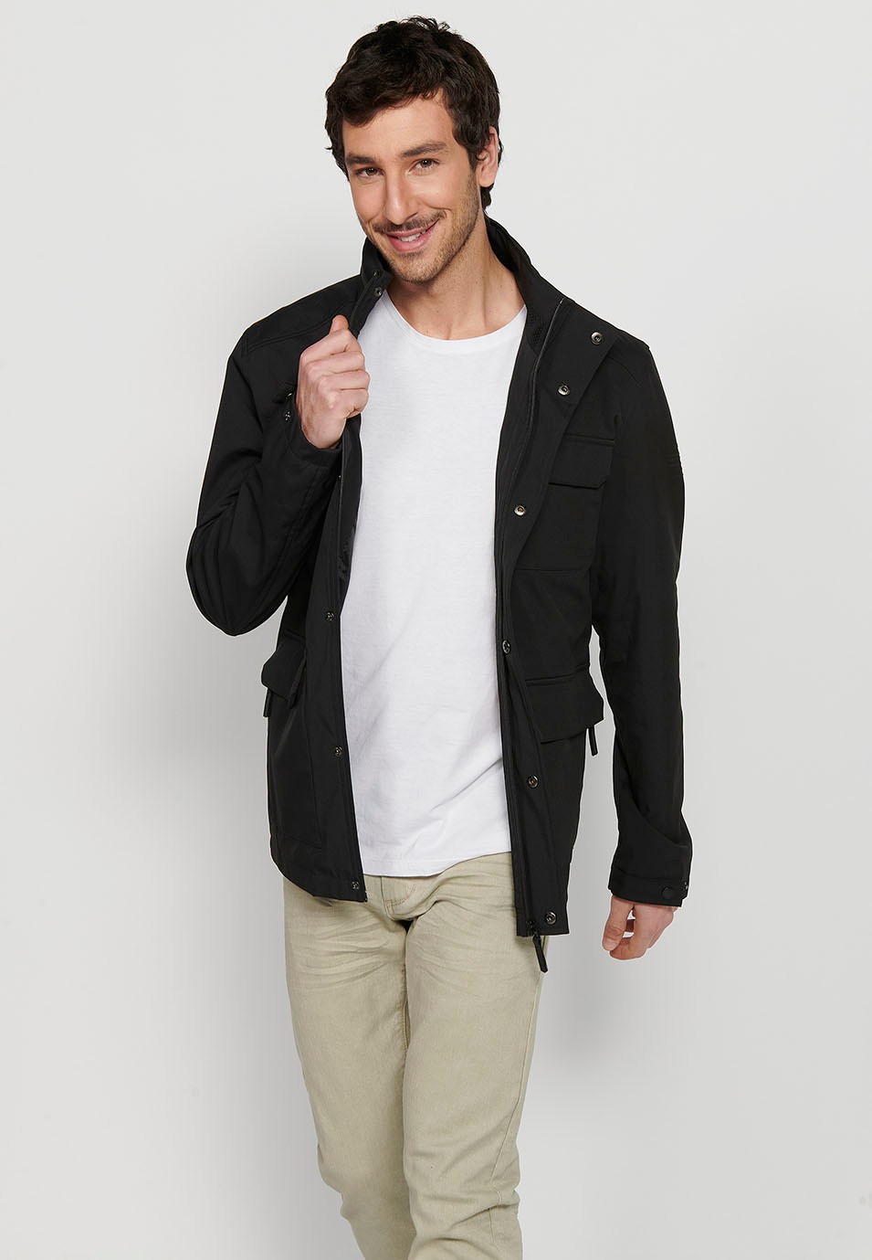 Long Black High Neck Windbreaker Jacket with Front Zipper Closure and Four Flap Pockets for Men 4