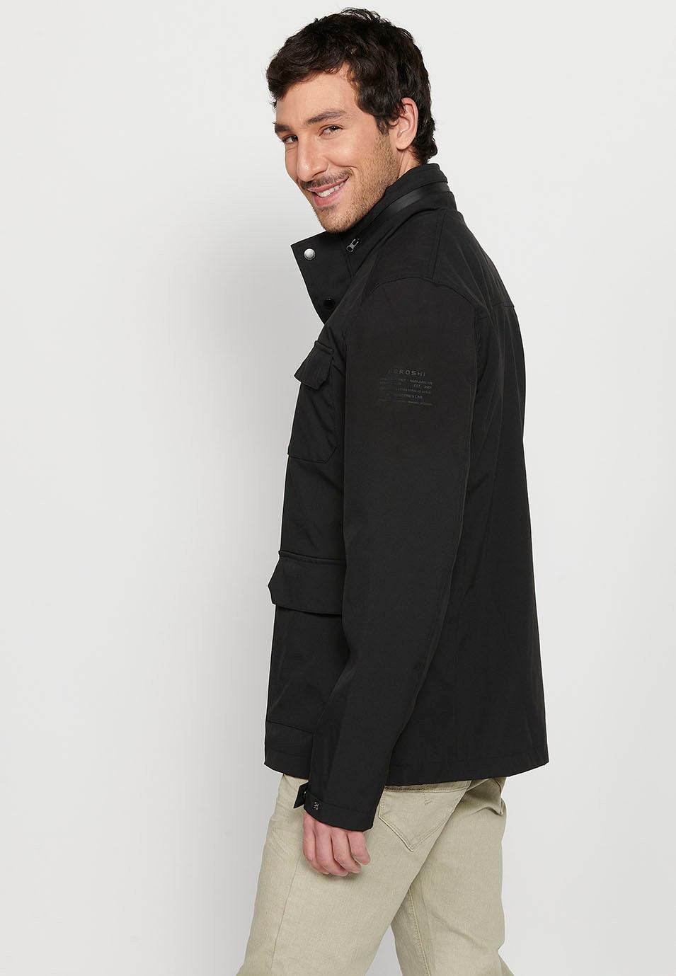 Long Black High Neck Windbreaker Jacket with Front Zipper Closure and Four Flap Pockets for Men 8