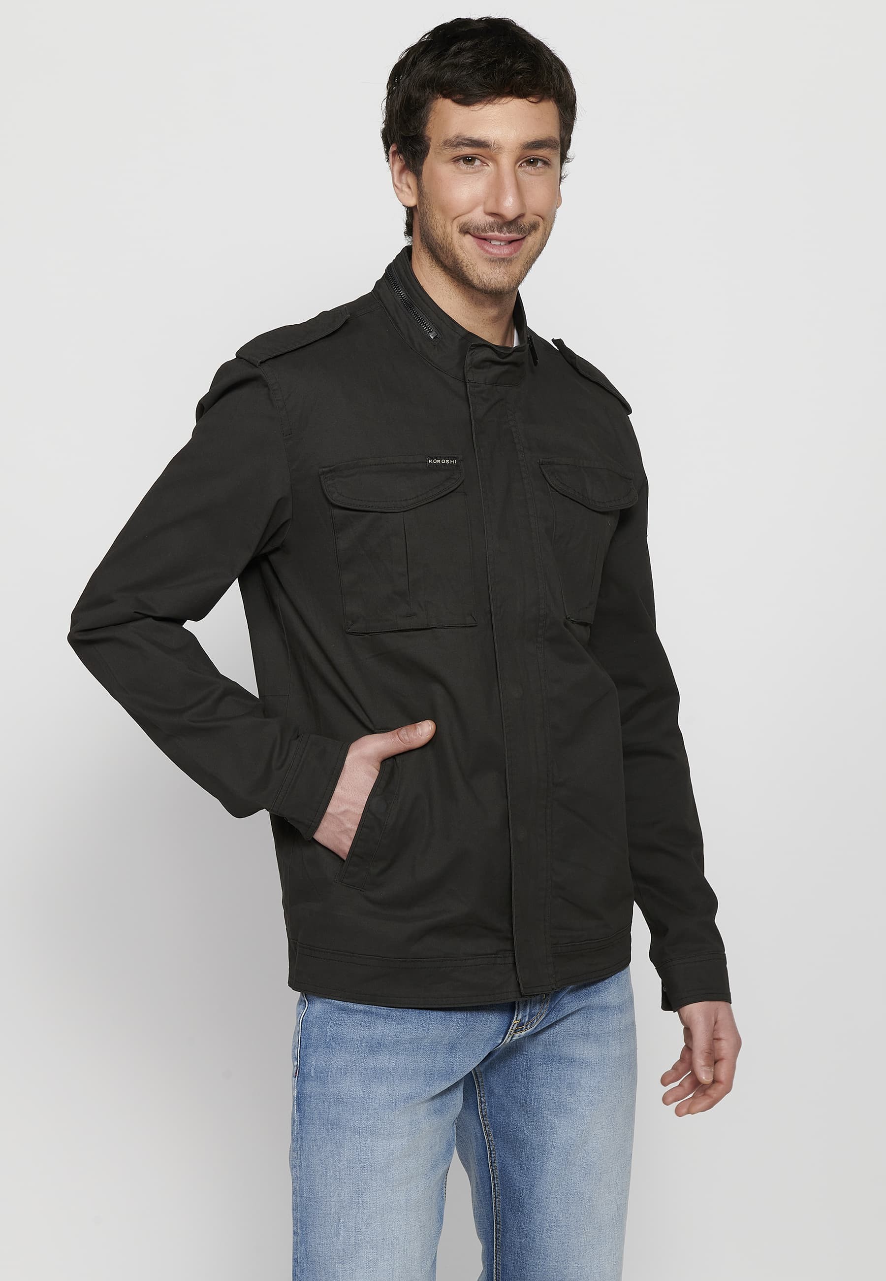 Long-sleeved jacket with high collar and front zipper closure with pockets in black for men. 4