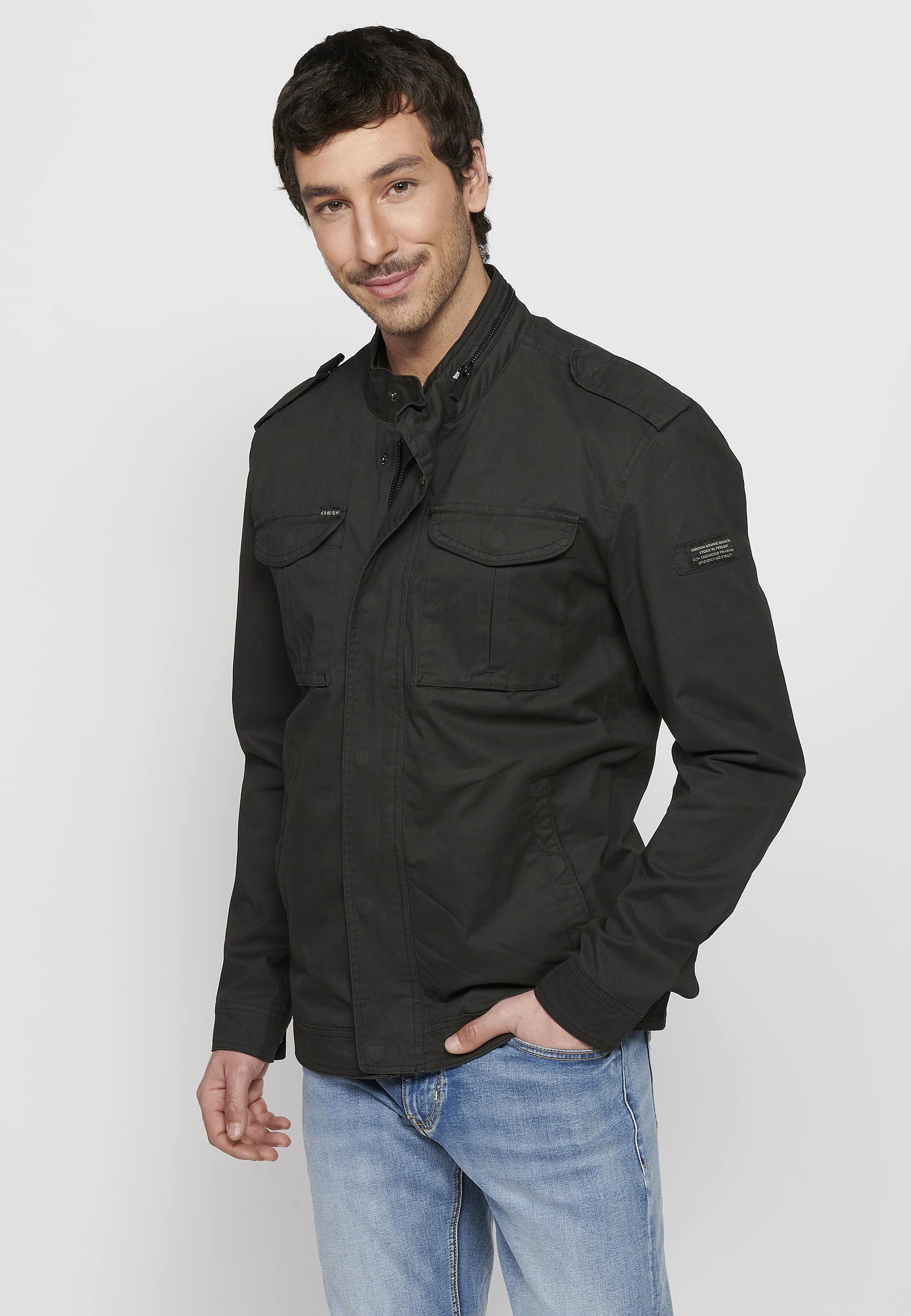 Long-sleeved jacket with high collar and front zipper closure with pockets in black for men. 3
