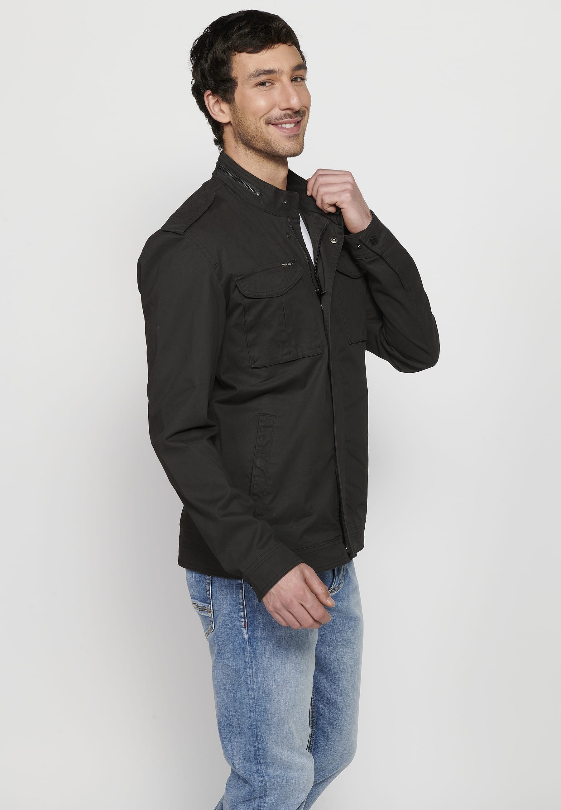Long-sleeved jacket with high collar and front zipper closure with pockets in black for men. 5