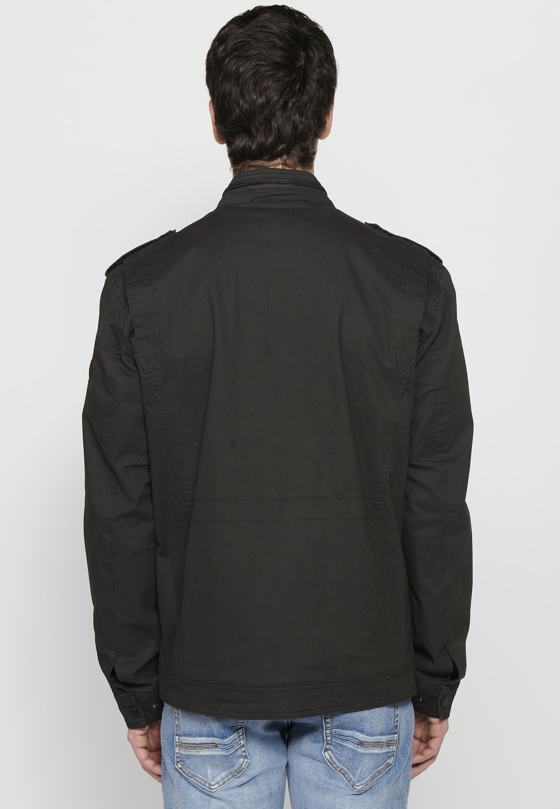 Long-sleeved jacket with high collar and front zipper closure with pockets in black for men. 6