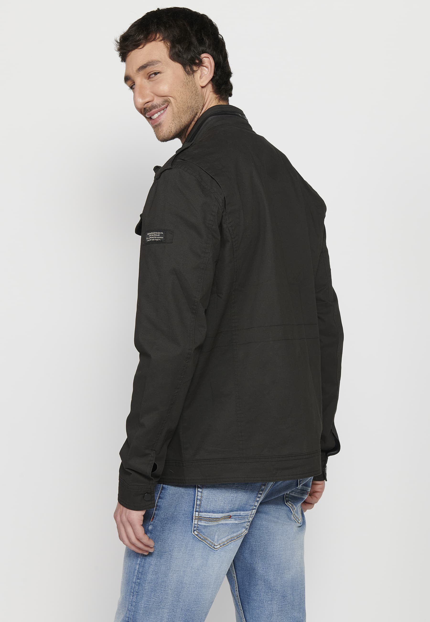 Long-sleeved jacket with high collar and front zipper closure with pockets in black for men. 8