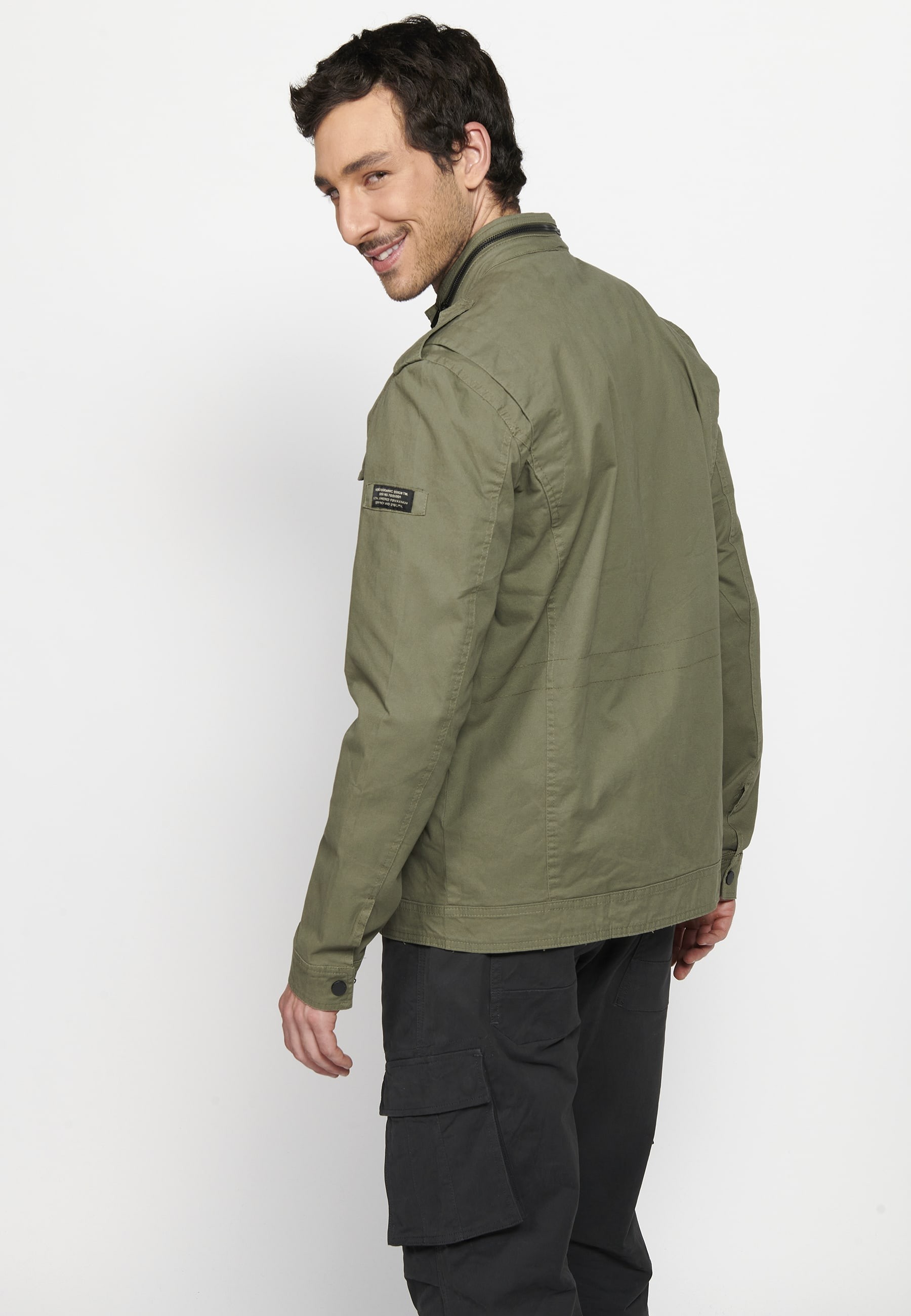 Long Sleeve Jacket with High Neck and Front Zipper Closure with Green Pockets for Men 6