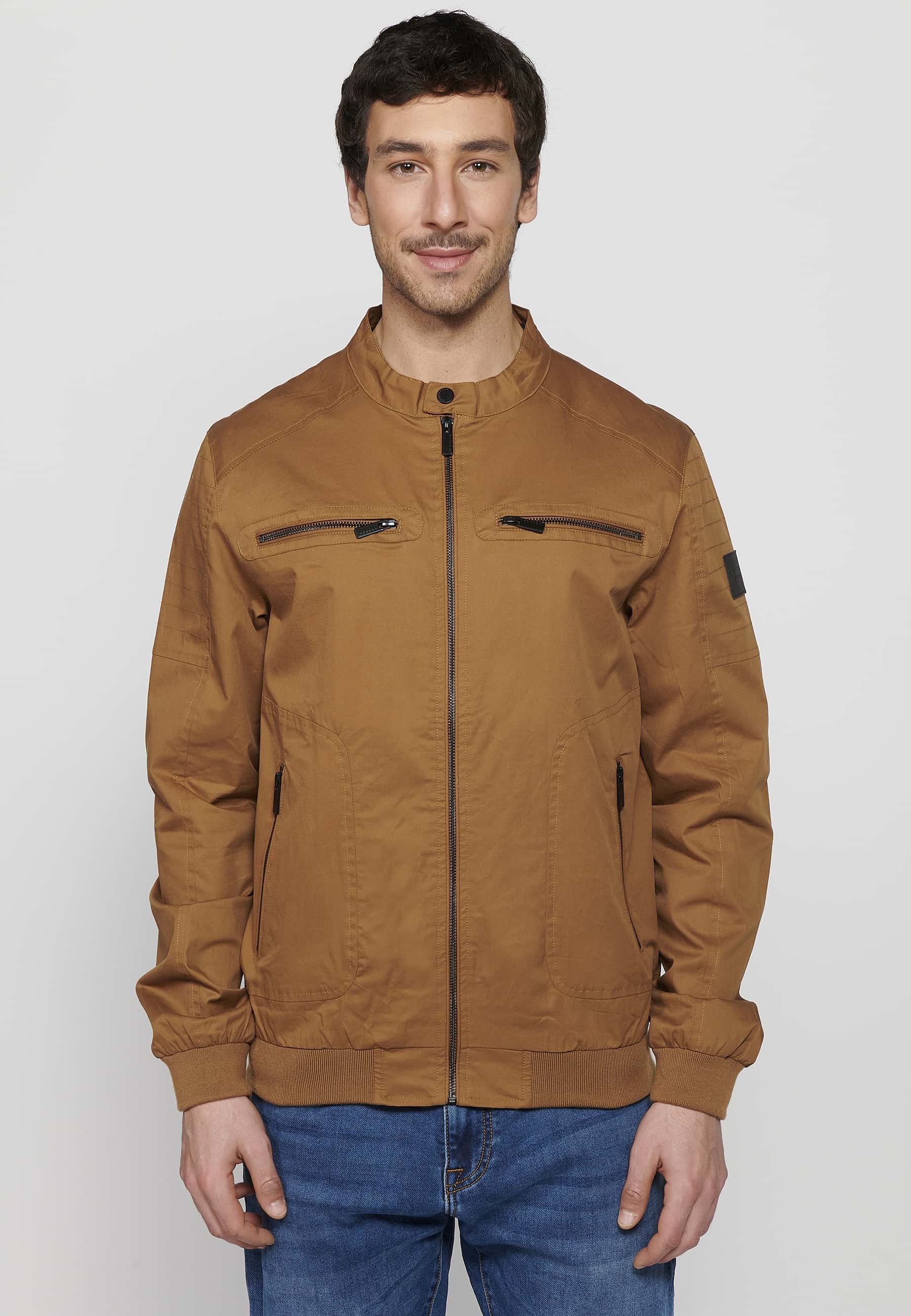 High collar bomber jacket, front zipper closure, brown color for men