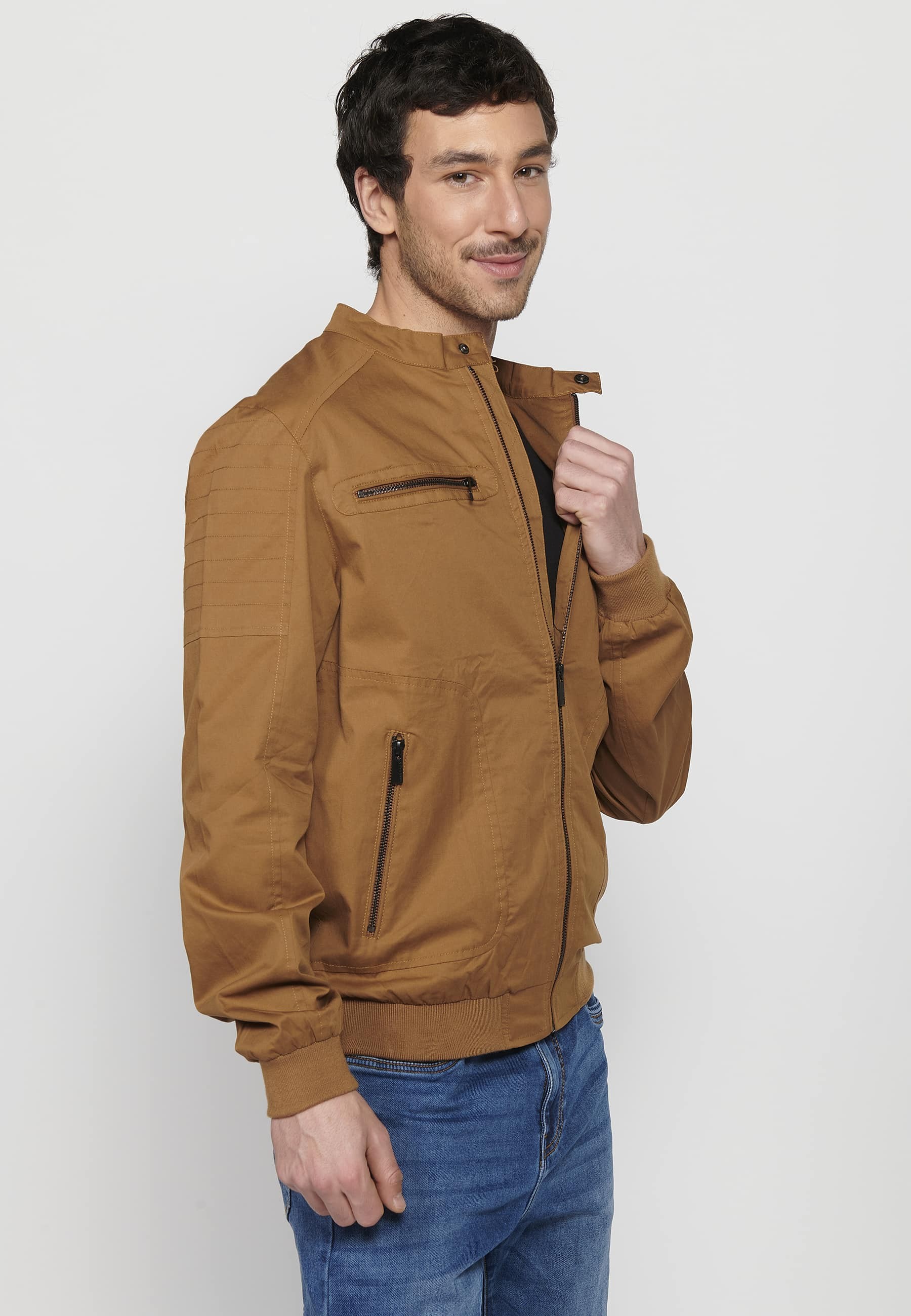 High collar bomber jacket, front zipper closure, brown color for men
