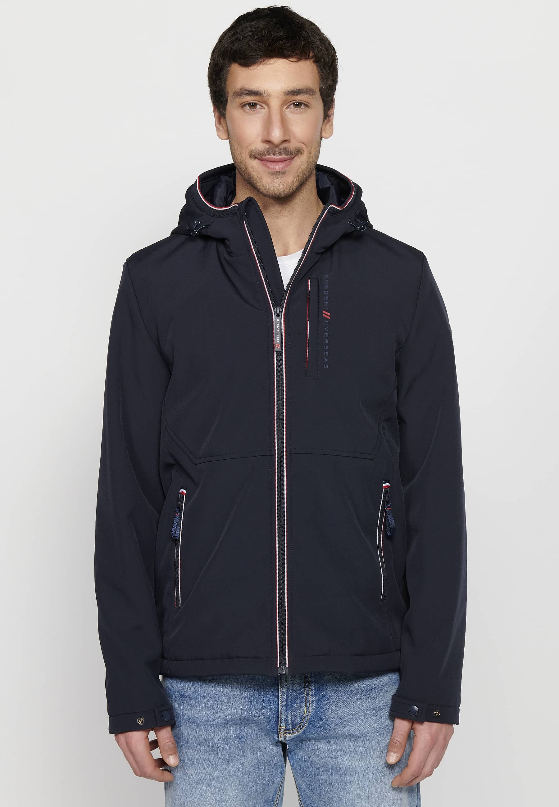 Navy Long Sleeve Jacket with Hooded Collar and Front Zipper Closure for Men 7