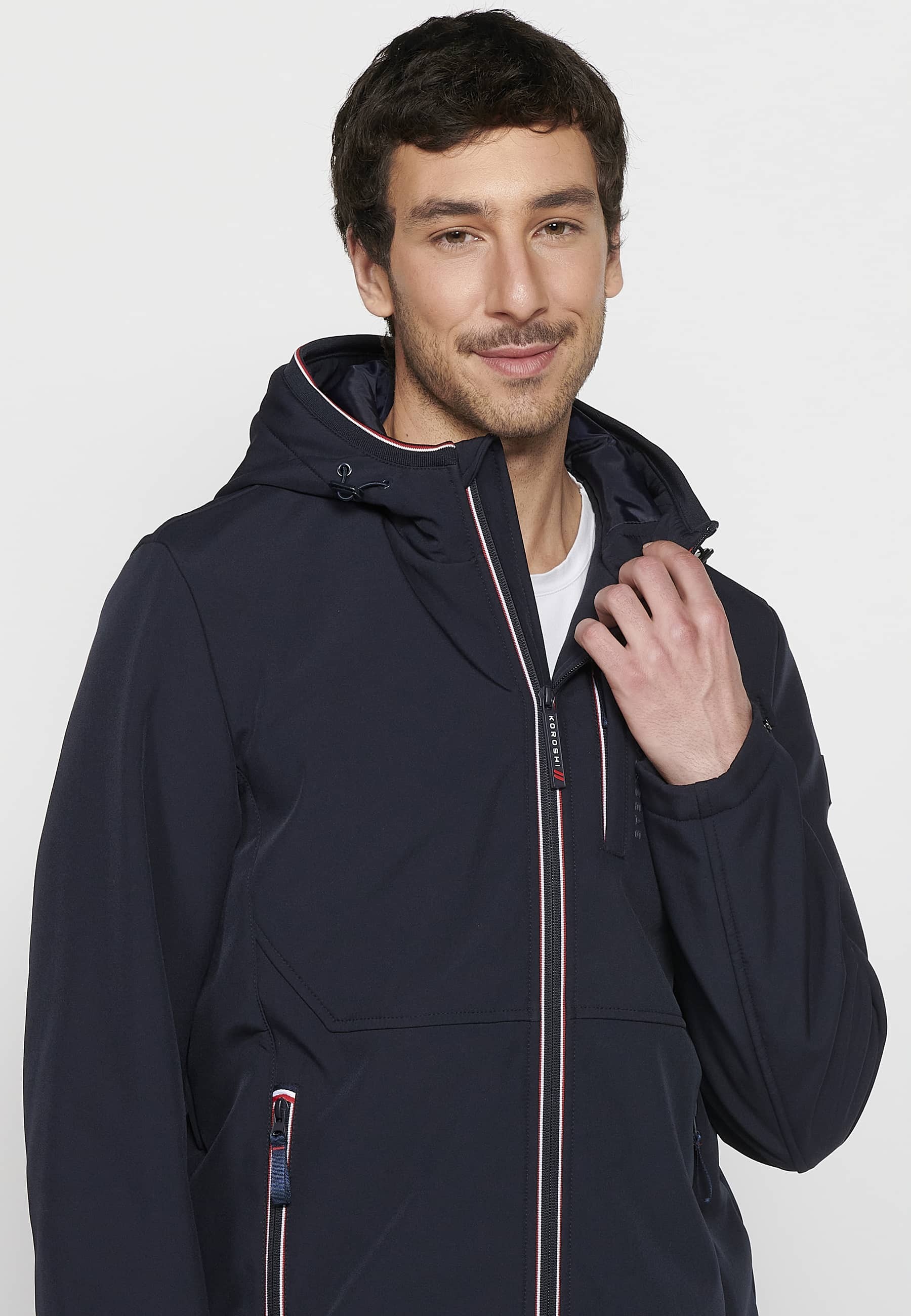 Navy Long Sleeve Jacket with Hooded Collar and Front Zipper Closure for Men 9