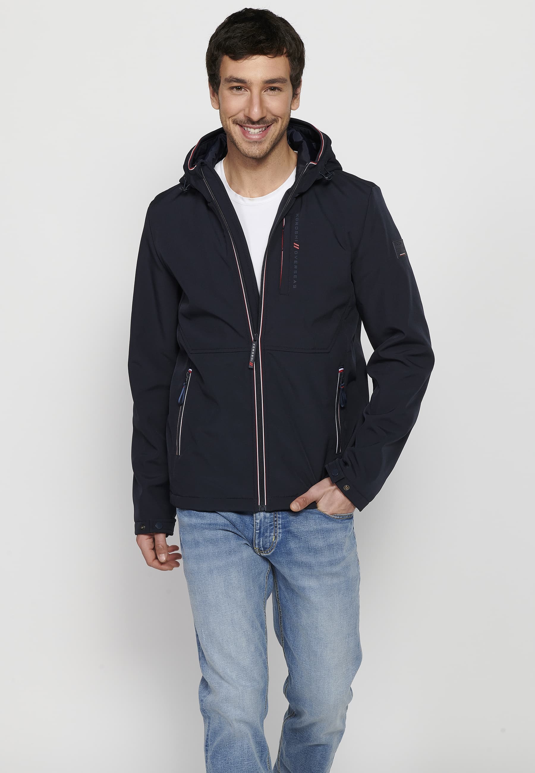 Navy Long Sleeve Jacket with Hooded Collar and Front Zipper Closure for Men
