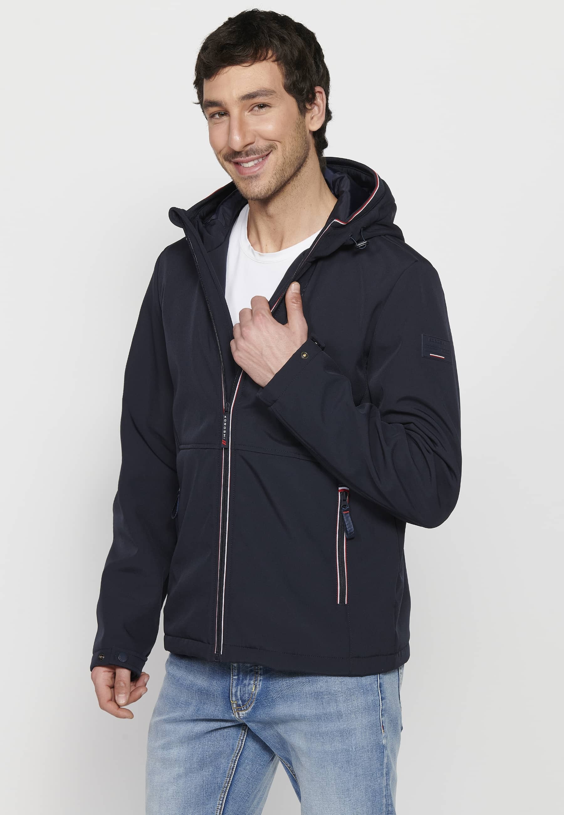 Navy Long Sleeve Jacket with Hooded Collar and Front Zipper Closure for Men 3