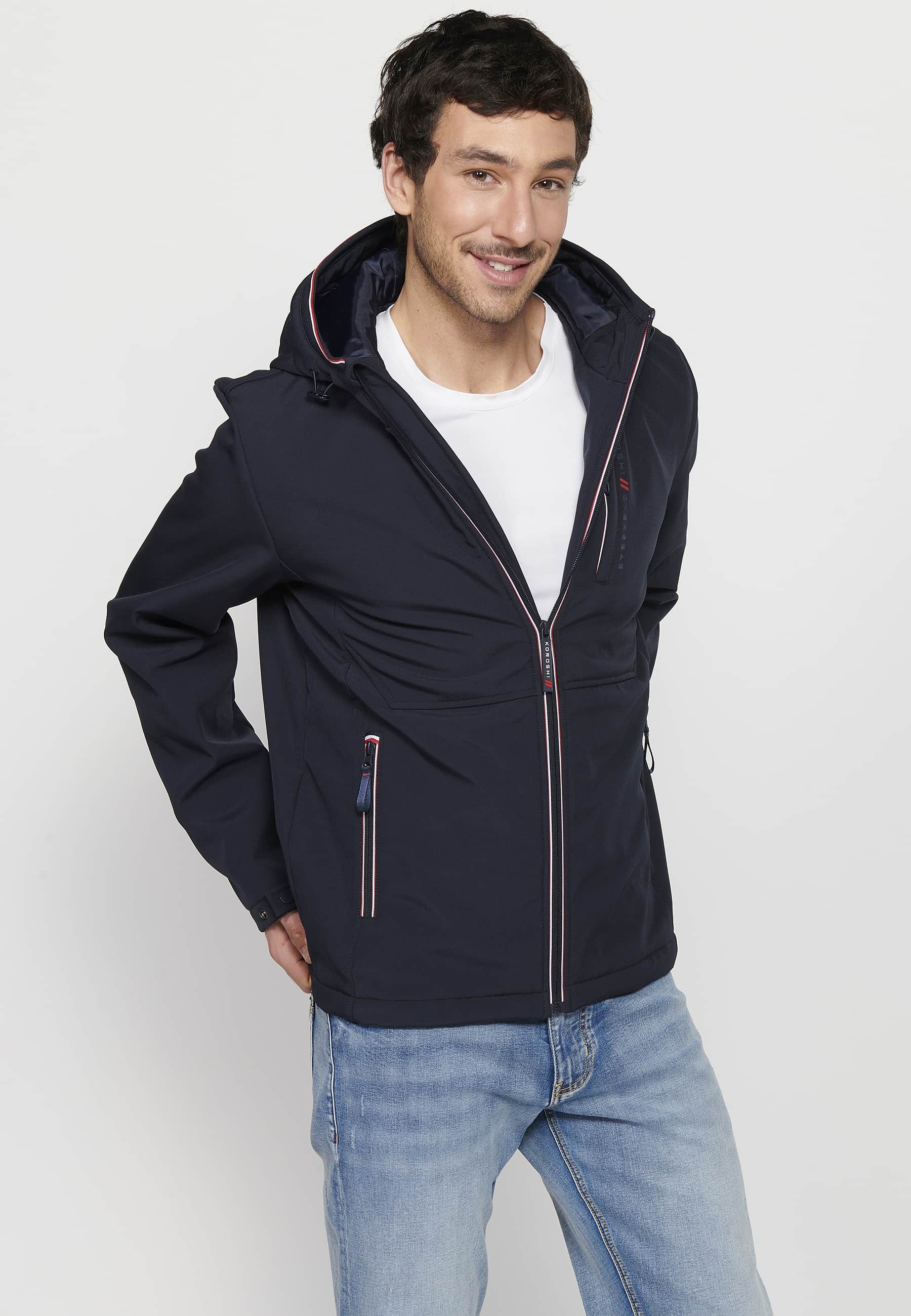 Navy Long Sleeve Jacket with Hooded Collar and Front Zipper Closure for Men 4