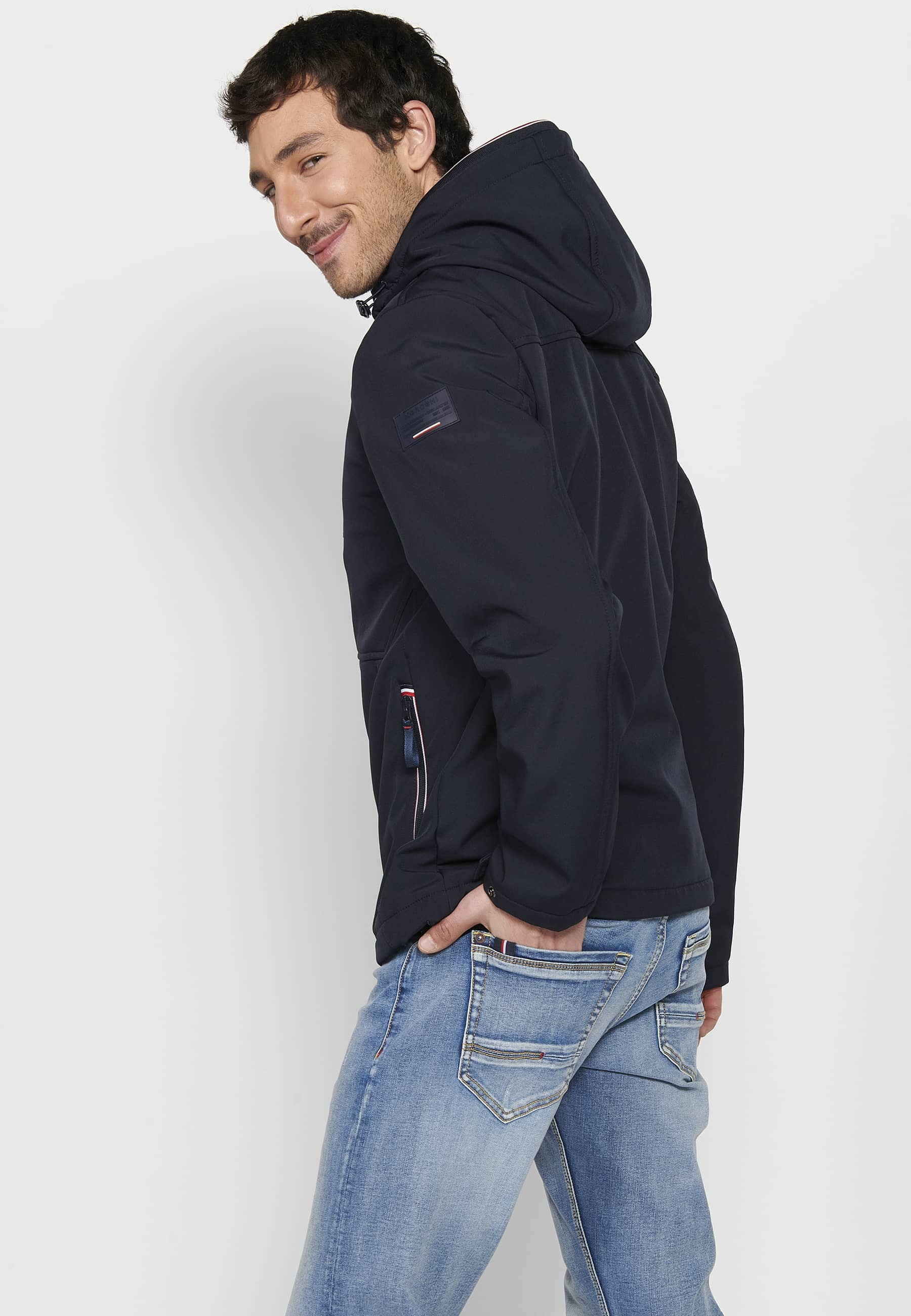 Navy Long Sleeve Jacket with Hooded Collar and Front Zipper Closure for Men 1