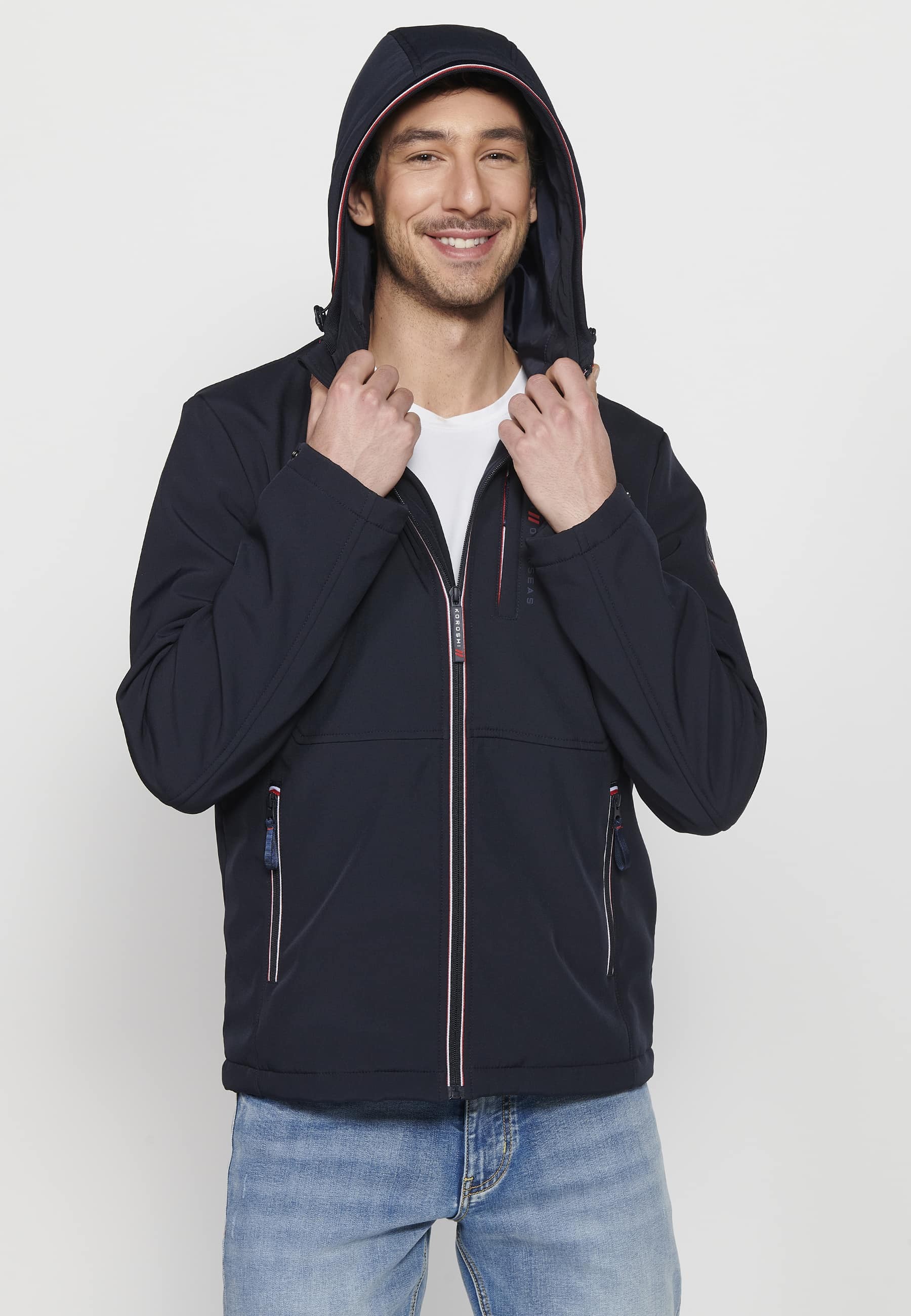 Navy Long Sleeve Jacket with Hooded Collar and Front Zipper Closure for Men 6